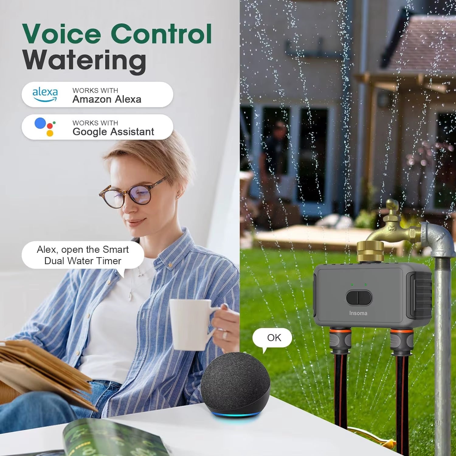 Water Timer with Gateway Dual Hose Automatic Garden Irrigation Watering System Remote Sprinkler Programmer Support Alexa